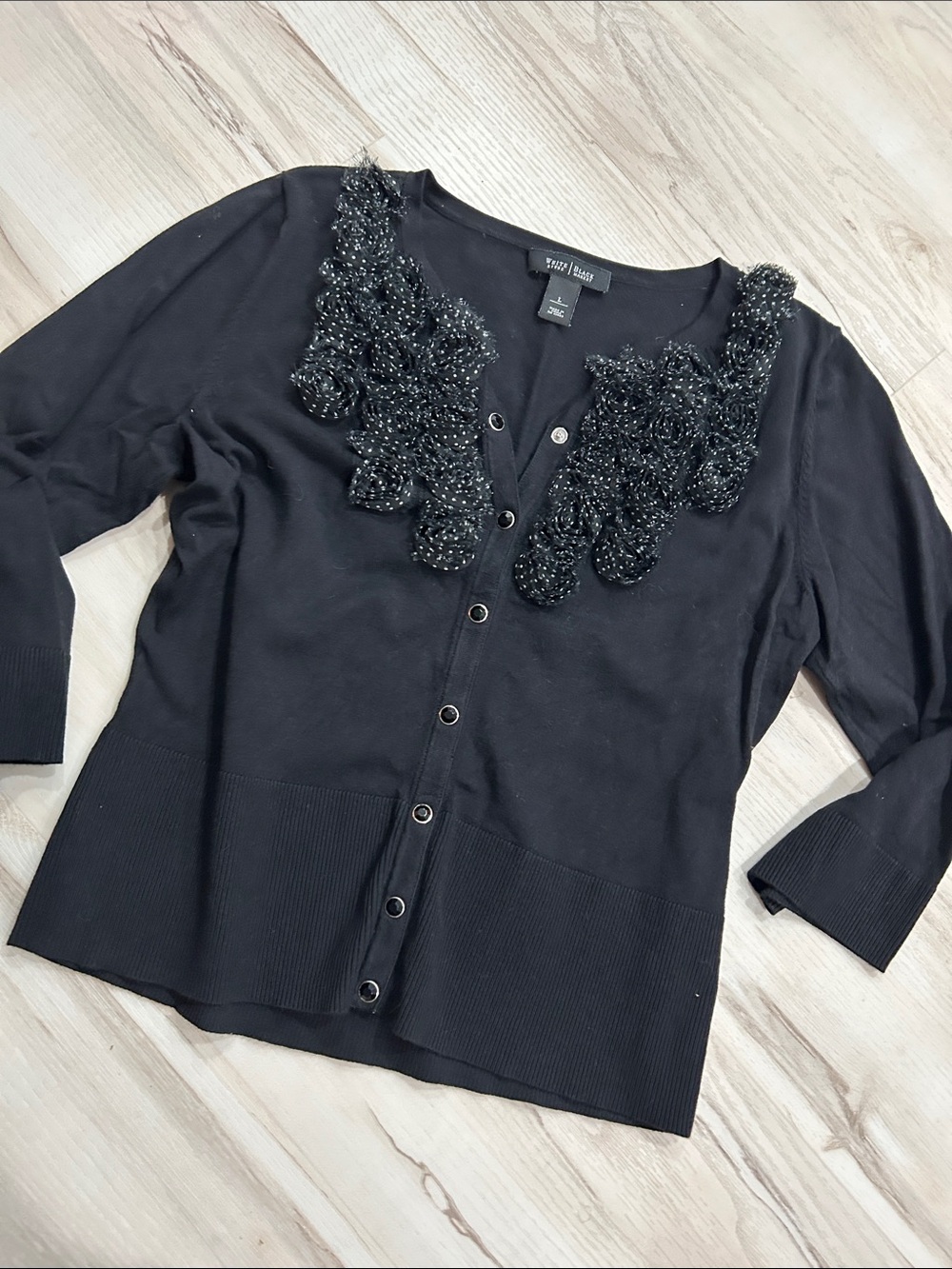 White House Black Market Black Button-Front Cardigan with Sparkle Neck Trim